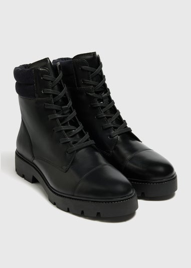 Black Leather Cleated Lace Up Boot