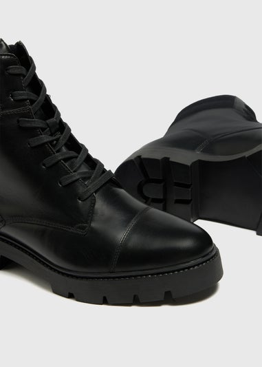 Black Leather Cleated Lace Up Boot