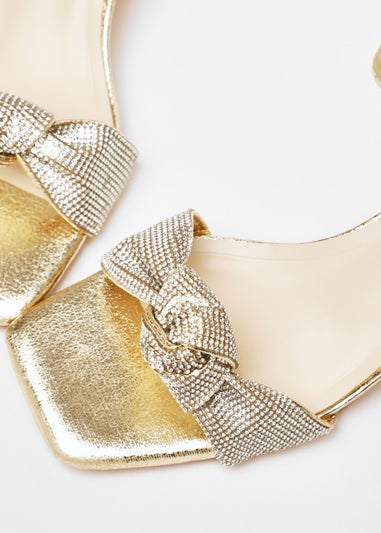 Quiz Gold Foil Diamante Knot Block Heeled Sandals
