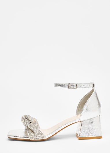 Quiz Silver Foil Diamante Knot Block Heeled Sandals