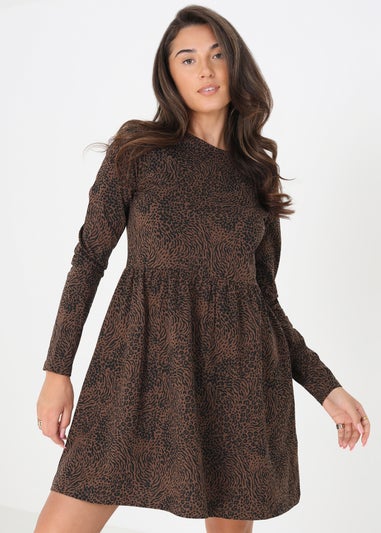 Brave Soul Brown Cotton Sandie Animal Print Long Sleeve Mini Smock Dress