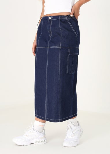 Brave Soul Indigo Fallon Denim Midi Skirt with Utility Pockets and Contrast Seams