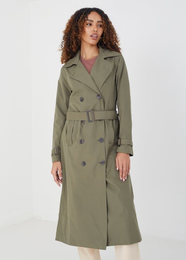 Brave Soul Khaki Double-Breasted Longline Trench Coat