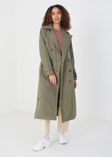 Brave Soul Khaki Double-Breasted Longline Trench Coat