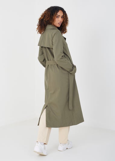 Brave Soul Khaki Double-Breasted Longline Trench Coat