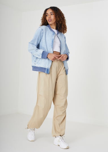 Brave Soul Light Blue Ruched Sleeve Oversized Bomber Jacket