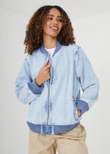 Brave Soul Light Blue Ruched Sleeve Oversized Bomber Jacket