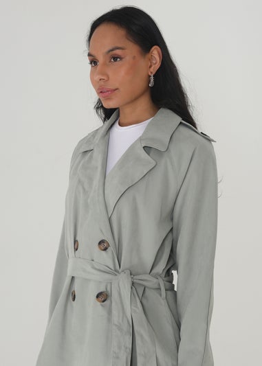 Brave Soul Soft Green Double-Breasted Longline Trench Coat with Raglan Sleeves