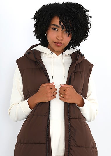 Brave Soul Chocolate Denmark Longline Gilet With Fixed Hood