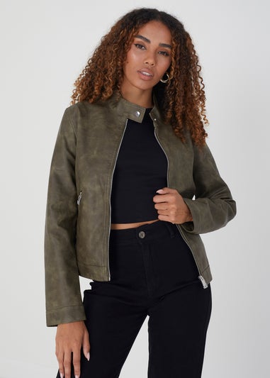 Brave Soul Khaki Faux Leather Round Neck Biker Jacket