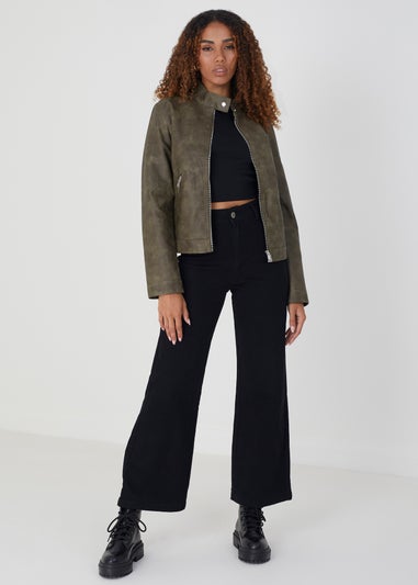 Brave Soul Khaki Faux Leather Round Neck Biker Jacket