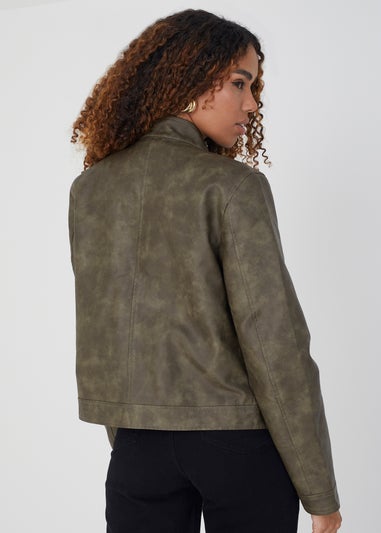 Brave Soul Khaki Faux Leather Round Neck Biker Jacket