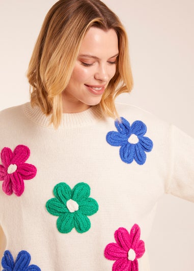 Blue Vanilla Ivory Patchwork Embroidered Daisy Flower Knit Jumper