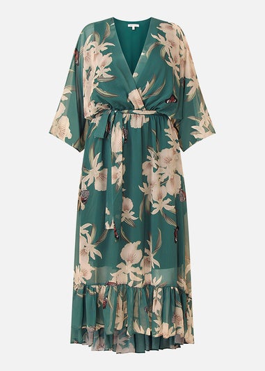 Yumi Floral Print Green Kimono Midi Wrap Dress
