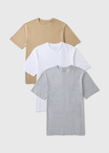 3 Pack White Grey & Stone Plain T-Shirts