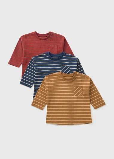 3 Pack Boys Navy Striped Long Sleeve T-Shirts (1-7yrs)