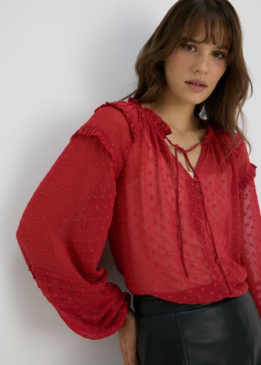 Burgundy Chiffon Frill Blouse