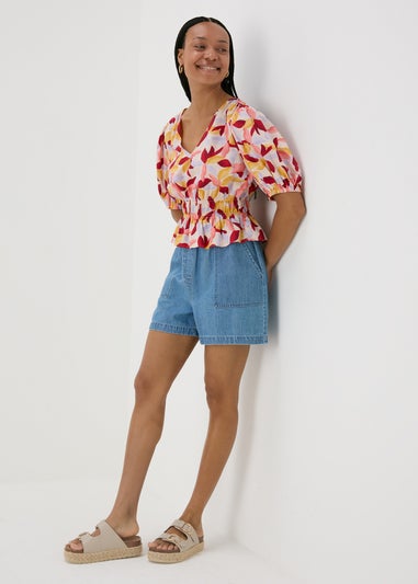 Multicolour Leaf Print V-Neck Blouse