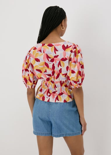 Multicolour Leaf Print V-Neck Blouse