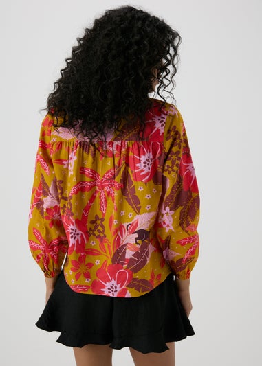 Orange Floral Notched Neck Blouse