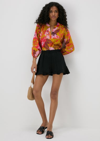 Orange Floral Notched Neck Blouse