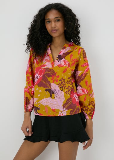 Orange Floral Notched Neck Blouse