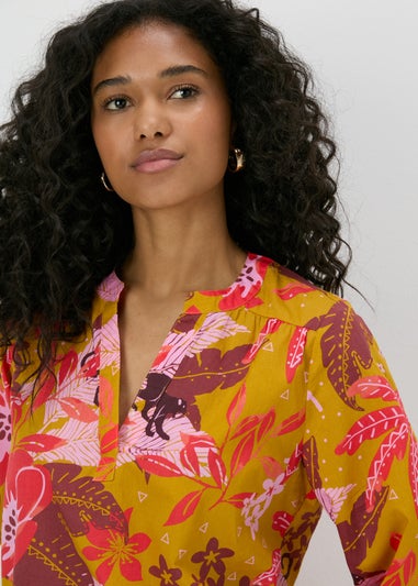 Orange Floral Notched Neck Blouse