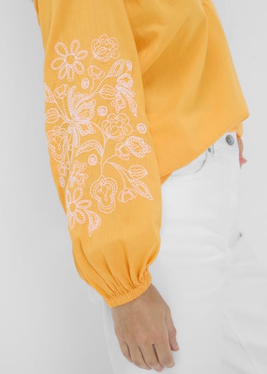 Yellow Embroidered V-Neck Blouse