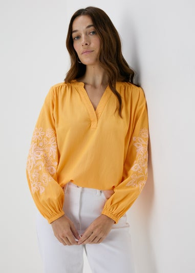 Yellow Embroidered V-Neck Blouse