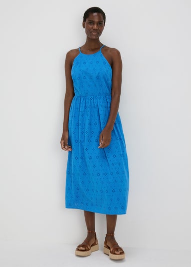 Blue Broderie Racer Neck Midi Dress