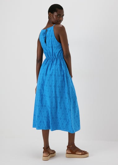 Blue Broderie Racer Neck Midi Dress