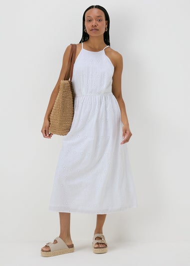 White Broderie Racer Neck Midi Dress