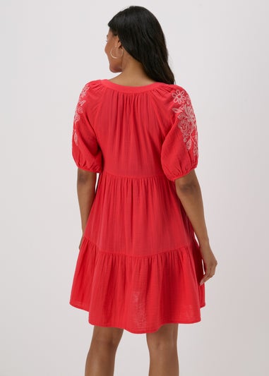 Red Embroidered Smock Tiered Mini Dress