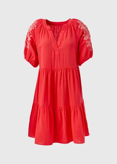 Red Embroidered Smock Tiered Mini Dress