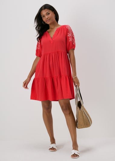 Red Embroidered Smock Tiered Mini Dress