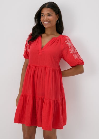 Red Embroidered Smock Tiered Mini Dress