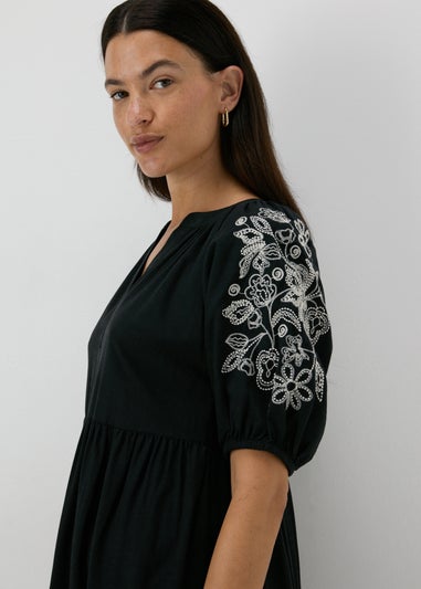 Black Embroidered Tiered Smock Dress