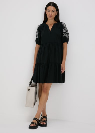 Black Embroidered Tiered Smock Dress