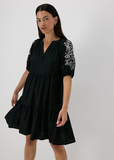 Black Embroidered Tiered Smock Dress