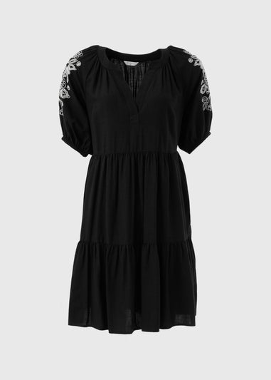 Black Embroidered Tiered Smock Dress