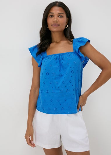 Blue Frilled Broderie Cami Top