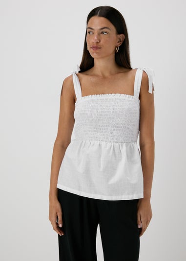 White Shirred Peplum Blouse