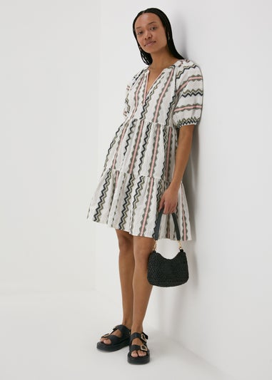 Cream Jacquard Stripe Smock Mini Dress