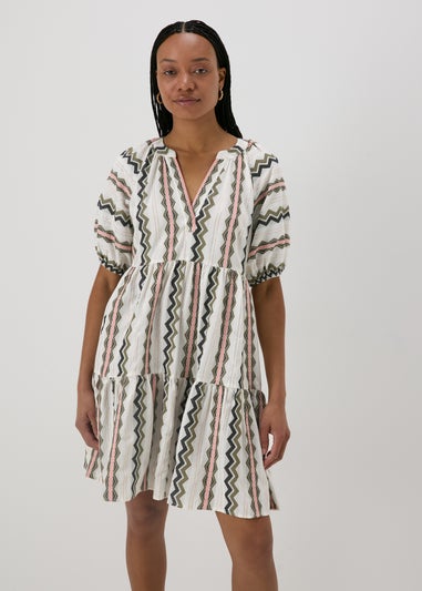 Cream Jacquard Stripe Smock Mini Dress