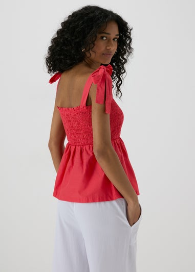 Red Shirred Peplum Blouse