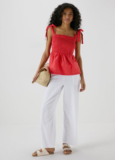 Red Shirred Peplum Blouse