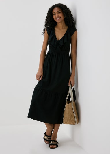 Black V-Neck Frill Midi Dress