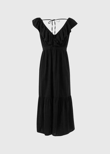 Black V-Neck Frill Midi Dress