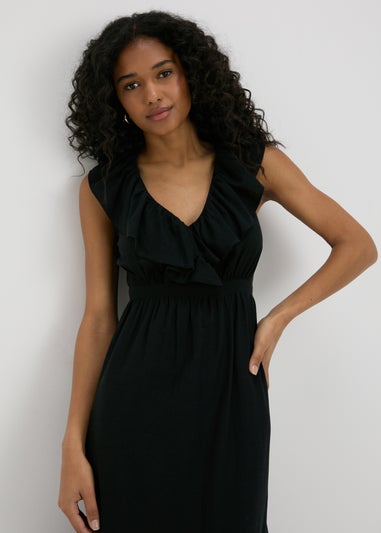 Black V-Neck Frill Midi Dress