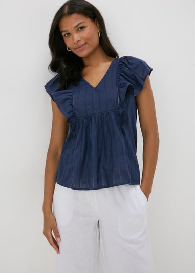 Navy Dobby Frill Sleeve V-Neck Blouse